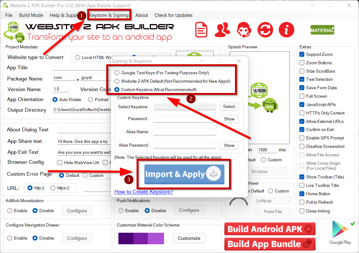 Creating Keystore for App Signing Documentation - Website 2 APK Builder.